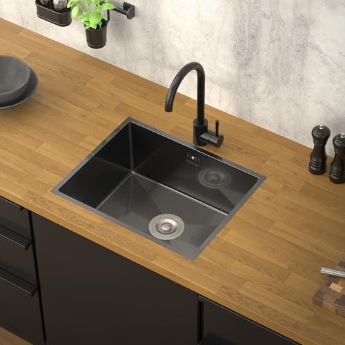 ML-Design Évier de Cuisine en Acier Inoxydable, 50x40 cm, Anthracite, avec Vidage et Trop-Plein, Bassin à Encastrer, Rectangulaire, 1 Bac Simple Petit avec Siphon, Lavabo Encastrable de Cuisine