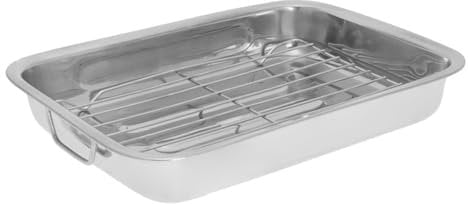 New Stainless Steel Roasting Tray with Grill Rack - Sturdy Handles - Baking Tray with Removable Rack Pan - Non Stick Coating - Roasting Tin Pan for Meat, & Vegetables (25cm)