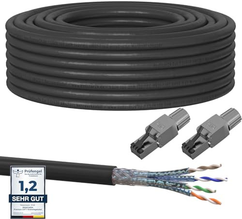 20m Cat7 Erdkabel Verlegekabel + 2x RJ45 Stecker Werkzeuglos CAT 8 Outdoor Lan Kabel Installationskabel CAT 7 Ethernet Netzwerk 1000MHz Datenkabel AWG23/1 Netzwerkkabel für Außenbereich UV-beständig