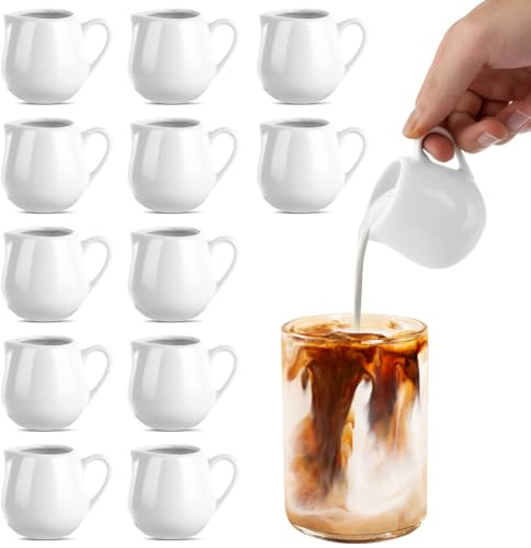 DAJAVE 12 Stück Milchkännchen Porzellan, Milchkännchen mit Griff 110ml Milchkanne Porzellan, Klein milchkännchen, Mini Sahnekännchen Saucenkrug Keramik für Sahne, Sauce, Salat- und Speisewürze