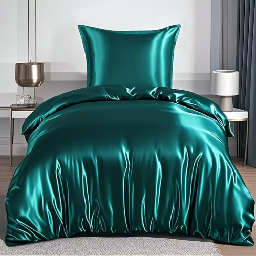 RUIKASI Satin Bettwäsche 135x200 Grün - Luxus Bettbezug mit Glanz wie Seiden Bettwäsche Set Dunkelgrün für Haar und Haut, Glänzend Bettwäsche 135x200cm mit Reißverschluss und Kissenbezug 80x80cm