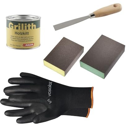Grilith Holzkitt - Spachtelmasse für Holz, ideal zur Holzreparatur - Holzspachtelmasse mit Schleifblöcke K200 & K180 und Spachtel, Nuss 200ml