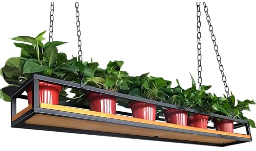 Black Ceiling Storage Shelf with Hanging Plant Shelves - Easy to Install Rack for Kitchen Bar Wine Bottles - Floating Shelf with Hooks and Iron Chain
