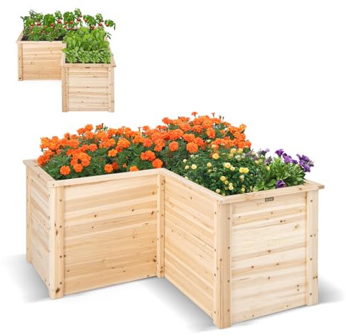 FANTASK Hochbeet Gartenbeet Holz, Pflanzkasten für Balkon Garten Terrasse, Pflanzenbeet L-förmig, Natur