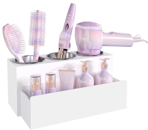 Organizador de herramientas para el cabello, organizador de herramientas de acrílico mate para peinar el cabello caliente con 3 tazas, soporte para secador de pelo para organización de baño