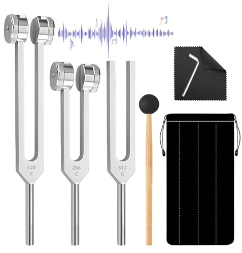 Tuning Fork Set, 3 Pieces 128 Hz 256 Hz 512 Hz Tuning Fork Hammer Set, Portable Tuning Fork with Beater, Fabric Bag, Tuning Fork Aluminium Alloy for Meditation, Yoga, Sound Therapy Weighted