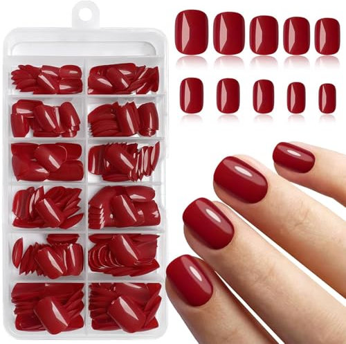 LunarCharm 240 pièces d'ongles carrés courts à presser ongles artificiels courts à presser carrés rouges sur ongles complets couverture faux ongles