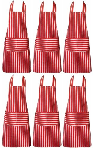 Clay Roberts Chefs Apron, Red, Pack of 6, Cooking and Baking Apron for Men and Women, Double Pockets, Kitchen Butchers Aprons, BBQ & Catering Bibs, Cooking Tabards