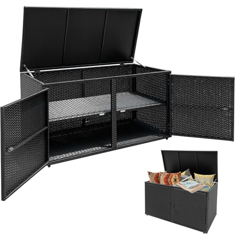 GiantexUK 330L Garden Storage Box, Weatherproof Rattan Deck Box with 2 Shelves, Pneumatic Rod & Handles, Outdoor Utility Chest Container for Patio Poolside Cushions Pillows Tools Toys (Black)