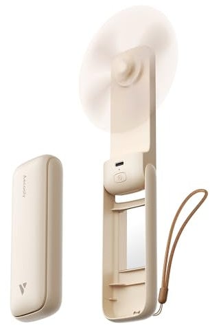 Aecooly Schlanker Tragbarer Ventilator mit Spiegel, Dünner Handventilator, per USB Wiederaufladbar, Mini [Maximale Kühlzeit 24 Stunden], Kleine Faltbare Tasche, für Reisen, Wimpern, Make-up - Beige