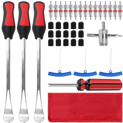 SINJEUN 39 Stück Schwarz Rot Reifenmontage Werkzeug Set, Montierhebel Werkzeug mit Montierhebel, Ventilkappen und Schutzhüllen, Reifenheber Für Motorrad, Fahrrad, Wagen, Scooter