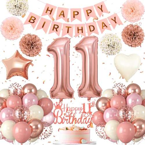 11.Geburtstag Dekoration,11. Geburtstag Deko für Mädchen,Luftballons 11.geburtstag Happy Birthday Girland Ballon 11 Deko zum Geburtstags, Rose Gold & Rosa,Geburtstagsdeko 11 Jahr