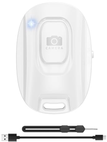 VYVIYON Bluetooth-Kameraauslöser für iOS & Android Smartphones | Wiederaufladbare Fernbedienung mit Selfie-Knopf für Fotos/Videos, inkl. Ladekabel & Handschlaufe-White