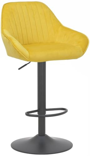 Lamboro Velluto Velvet Kitchen Bar Stool, Padded Seat & Backrest, Matt Black Footrest & Stem, Height Adjustable Swivel Gas Lift, Mustard