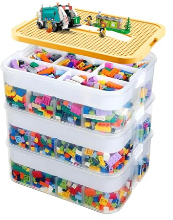 Trintion Storage Boxes for Lego, 3-Tier Large Stackable Storage Box with Lids & Adjustable Compartments, Lego Organiser for Building Blocks Bricks Puzzle Board Organizer (Yellow)