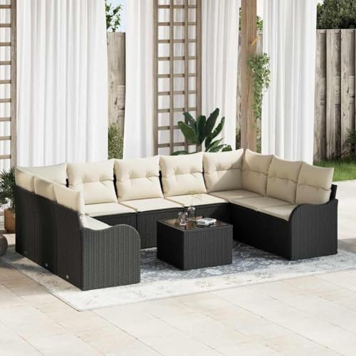 QJBSAVVA 10-TLG. Rattan-Sofa-Set 9-Sitzer, verstellbare Füße, Outdoor-Kissen & Tisch, wetterfest, für Garten/Terrasse