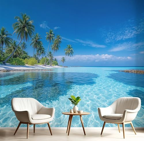 Fototapete Seide 200X140Cm 3D Wandposter Blaugrün Palm Island Wandkunst Große Fototapete Junge Tropische Landschaft Für Schlafzimmer Kinderzimmer Dekoration Kunst