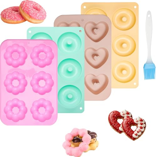 4 Stück Donuts Backform, 3 Farben Silikon Donut Backform Set mit Öl Pinsel | Antihaft Donutform Backofen, Silikonformen Backen, für Kuchen, Bagels, Muffins, Brötchen, Runde, Blumen, Herz