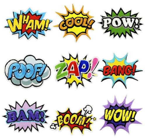 9 Stück Comic Aufnäher Patches, Explosionseffekt Stickerei Patch, Lustige Aufbügelpatches mit Sprüchen WHAM COOL POW POOF ZAP BANG BOOM WOW für Kleidung, Jeans, Rucksäcke, DIY Reparatur & Dekoration