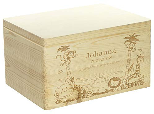 LAUBLUST Holzkiste mit Gravur - Personalisiert mit GEBURTSDATEN - Naturbelassen, Größe XL - Dschungel Motiv - Erinnerungskiste als Geschenk zur Geburt - FSC®