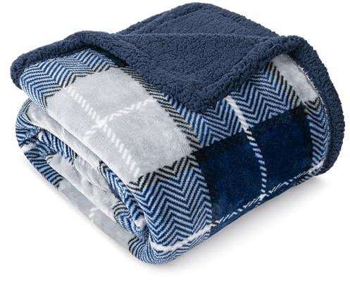 PAVILIA Blue Navy Plaid Sherpa Throw Blanket for Couch Twin, Plush Flannel Fleece, Soft Fuzzy Cabin for Sofa Bed, Warm Cozy Winter Gift, 60x80