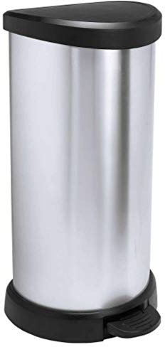 CURVER Decobin - Poubelle ronde à pédale, 40L - Fermeture douce - Aspect Métal - Pour Cuisine, Bureau, Salle de Bain - 29,8 x 34,9 x 69,7 cm - Gris