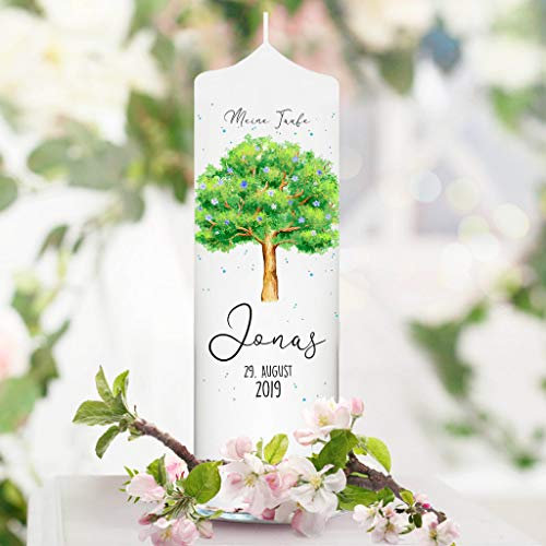 Wandtattoo Loft Taufkerze Junge Motiv Lebensbaum mit Blüten, 25cm x 8cm, personalisierte Kerze, bedruckte Kerze zur Taufe, Stumpenkerze, individuelles Taufgeschenk