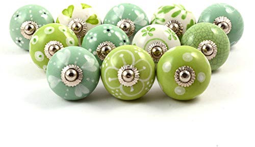 Eleet Handbemalte Designer-Keramikknäufe – Packung mit 12 grünen und weißen Vintage-Schranktüren und Schubladengriffen aus Chrom (12 Stück, grün und weiß)