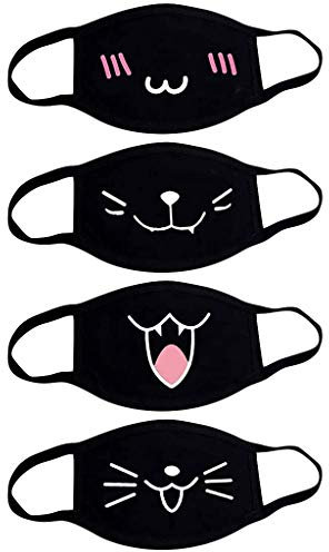 Fashionapple 4 Stück Mundschutz Anime Cartoon Maske Unisex Baumwolle Anti-Staub Mode Kawaii süße mundschutz Wiederverwendbare Emotionsmaske schwarz mit Motiv
