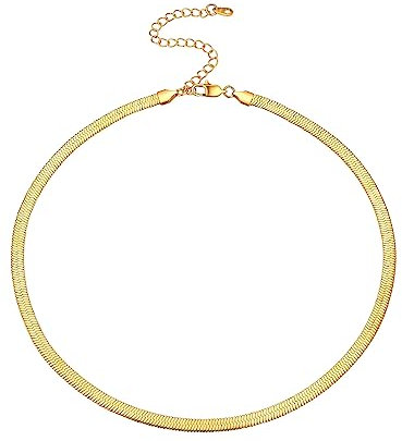 FOCALOOK Damen Collier 18k vergoldet Choker Kette 5mm/46+9cm Schlangenkette Kurze Halskette verstellbare Flache Gliederkette für Mädchen Frauen Modeschmuck Accessoire für Party