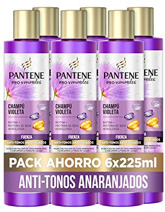 Pantene Pro-V Miracles Champú 225ml Violeta Fuerza & Anti-Tonos Anaranjados, Biotina + Proteína De Seda Hidrolizada Para El Pelo Decolorado Y Dañado, 6 Unidad ( Paquete de 1)