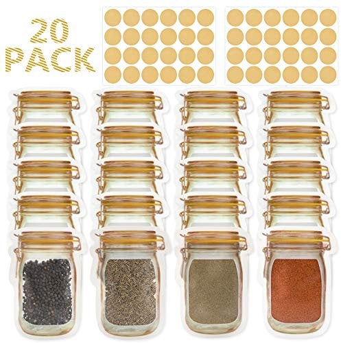 Mlife Spice storage Bags-20 PCS Small Mason jar Spice Jars Bags with 48 PCS Spice Labels,Snack Saver Container Leak-Proof Zip-Lock Bags for Travel Camping Picnic