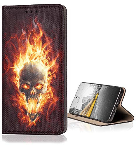 KX-Mobile Hülle für LG Q6 Handyhülle Smart Magnet mit Motiv 1095 Totenkopf in Feuer