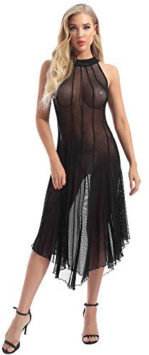 iiniim Robe de Soirée Asymétrique Femme Été Sexy Robe de Nuit Maille Transparente Sans Manche Tunique Paréo de Plage pour Maillot de Bain Noir XXL