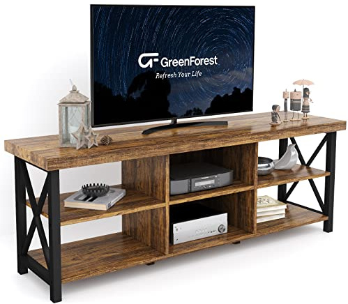GreenForest Meuble TV pour TV jusqu'à 65 avec 6 armoires de rangement pour salon, meuble de télévision de 55, table console, marron