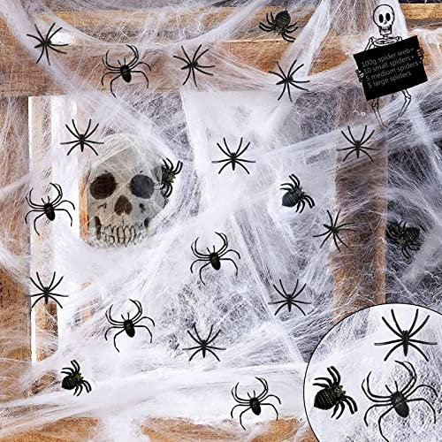 JOKILY Halloween 100g Spinnennetz + 20 Horror Spinnenn in verschiedenen Formen, Halloween Party Deko, Weiss Spinnweben Dekoration, Spinngewebe Spinnenn Halloween Deko für Haus & Garten