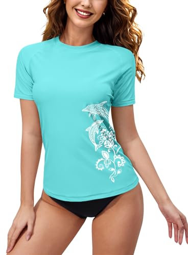 BesserBay Damen Schwimm Shirt Kurzarm UV Shirts Wasser Rash Guard UV Schutzkleidung Blue M