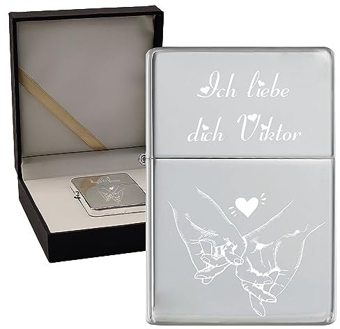 KDO MAGIC - Feuerzeug personalisiert - Eingravierter Vorname - Farbe Grau - Geschenkidee für Herren, Geburtstag, Vatertag (Motiv: Herz)