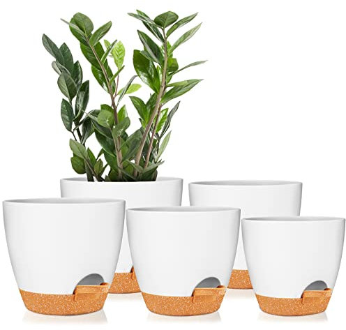 Pflanztöpfe 17.8/16.5/15.2/13.9/12.7cm GARDIFE Selbstbewässernde Pflanzgefäße mit Ablaufloch, Kunststoff-Blumentöpfe, Kinderzimmer-Blumentopf für alle Zimmerpflanzen, Sukkulenten, weiß