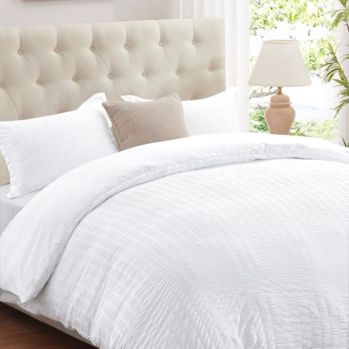 Cozyide White Duvet Cover Queen Size, Soft 3-Piece Seersucker Queen Duvet Cover Set, All Seasons Bedding Set with Zipper Closure and Corner Ties(90x90, 2 Pillow Cases 20x26)