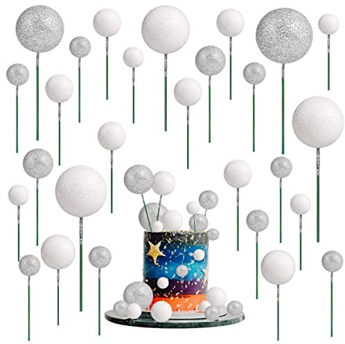 66pcs Balloon Cake Topper, Glitter Foam Ball Cake Toppers Mini Balloon Cupcake Toppers Round DIY Cake Picks Insert Topper Baking Cake Decoration for Birthday Wedding Baby Shower Decor (Silver&White)