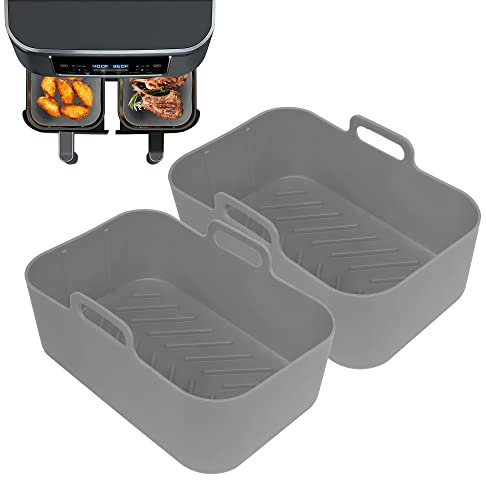 GOVD 2PCS Silicone Pot for Ninjas Dual Air Fryer, Silicone Air Fryer Liners Double Air Fryer Silicone Air Fryer Basket, Air Fryer Rack Accessories for Air Fryer, Oven, and Microwave (Grey)