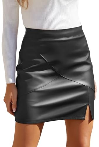 We1Fit Womens Fuax Leather Skirt High Waisted Bodycon Slit Pencil Mini Skirts with Shorts Black
