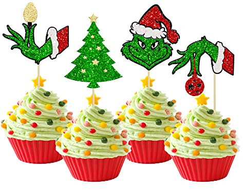 24Pcs Glitter Green Christmas Cupcake Toppers Red Green Christmas Drink Up Cupcake Picks Merry Green Christmas Holiday Theme Birthday Party Cake Decorations Supplies