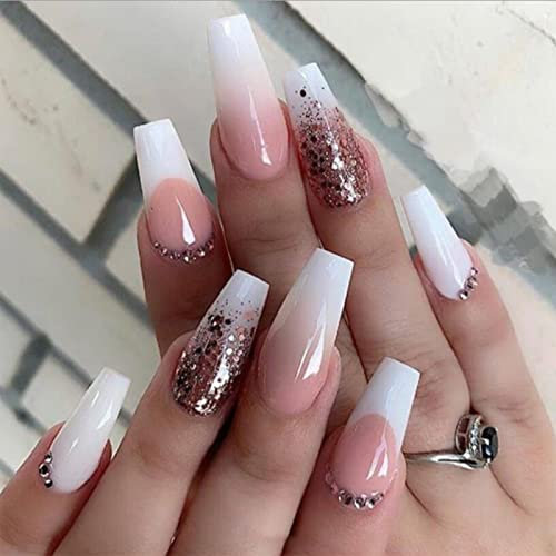 Luvadeyo 24 Pcs Pink Coffin Sequins Fake Nails Medium Length-Press on Nails Bling Gradient False Nails Rhinestone Design Nails Full Cover False Nails