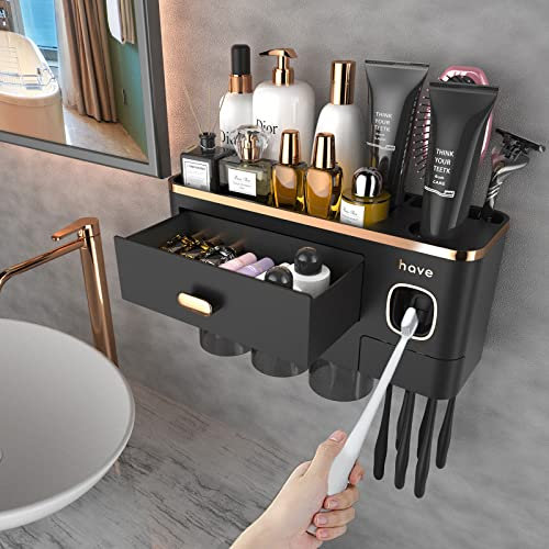 iHave Porte Brosse à Dents pour Salle de Bain, 3 Tasses Porte Brosse à Dents Mural avec Distributeur de Dentifrice – Plateau Grande capacité,–Décoration et Accessoires de Salle de Bain(Or Noir)