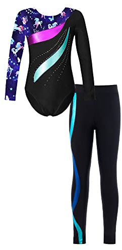 iEFiEL Mädchen Turnanzug Glitzer Gymnastik Leotard Langarm Akrobatik Anzug Tanzkostüme Turnbody Jumpsuit mit Sport Leggings Zb Marineblau 134-140