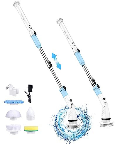 Elektrische Reinigungsbürste, Power Spin Scrubber mit 5 Austauschbaren Bürstenköpfen & Verstellbarem Griff (27-47inch), Drehschrubber Toilettenbürste elektrische Bürste für Bad Küche Auto Fußboden