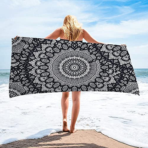 KINITA Schwarz Strandtuch 90x180 cm, Weich Badetuch Mikrofaser Handtücher, Strandhandtuch 3D Mandala Schnell Trocknen Strandlaken, Badehandtuch, Saunatuch, Handtuch, Damen, Herren, Towel