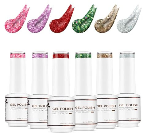 Nicedeco 6 Colori Glitter Smalto Semipermanente per Unghie Kit Gel Nail Polish Set Smalto per Unghie in Gel Soak Off UV LED per Nail Art DIY Manicure 6x8ml - Set 11